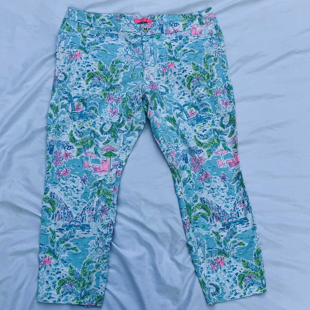 Vibrant Lilly Pulitzer Tropical Print Cropped Cotton Pants 🌴💙💗
